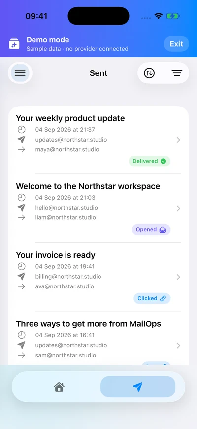 MailOps demo sent email list